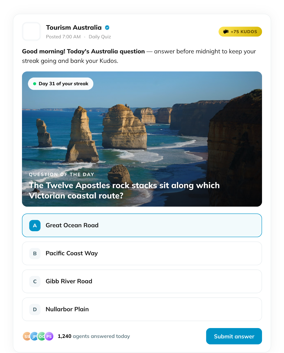A Tourism Australia Daily Quiz post on Hablo: 'The Twelve Apostles rock stacks sit along which Victorian coastal route?' with answer options and a +75 Kudos reward.