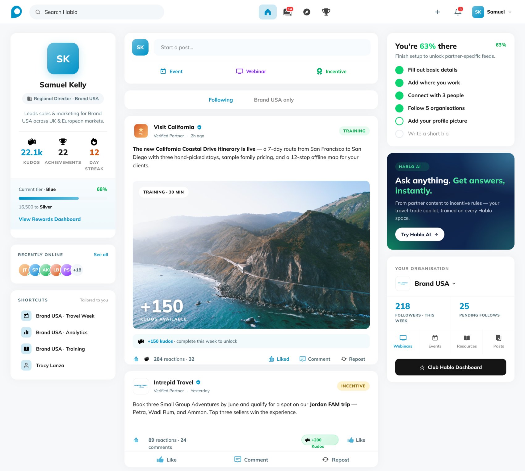 Hablo platform home — profile, feed, kudos and AI panel.